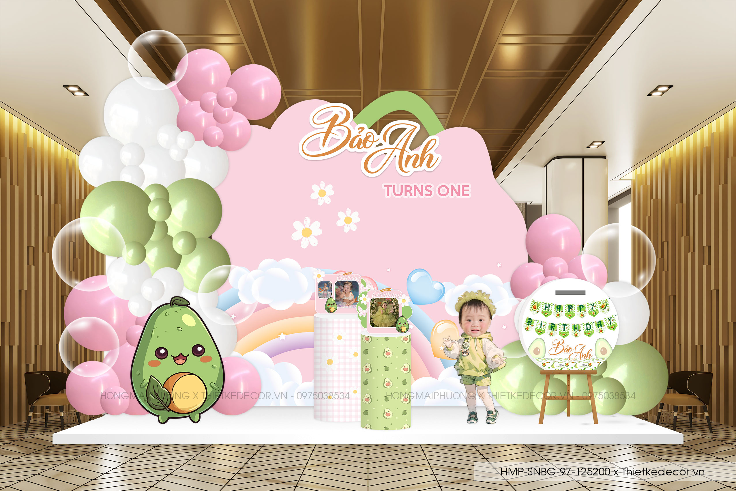 File thiết kế decor trang trí tiệc sinh nhật bé gái mix bong bóng cute dễ thương đáng yêu chủ đề Quả bơ tone hồng và xanh lá